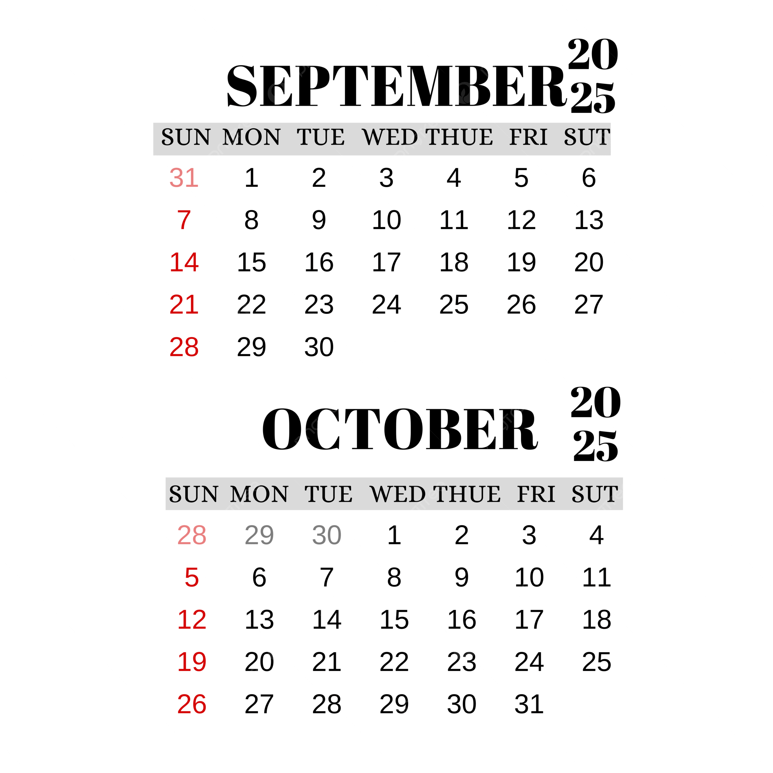 Calendar Month September October 2025 Transparent Calendar 2025 September 2025 Calendar October Calendar 2025 PNG Transparent Clipart Image And PSD File For Free Download