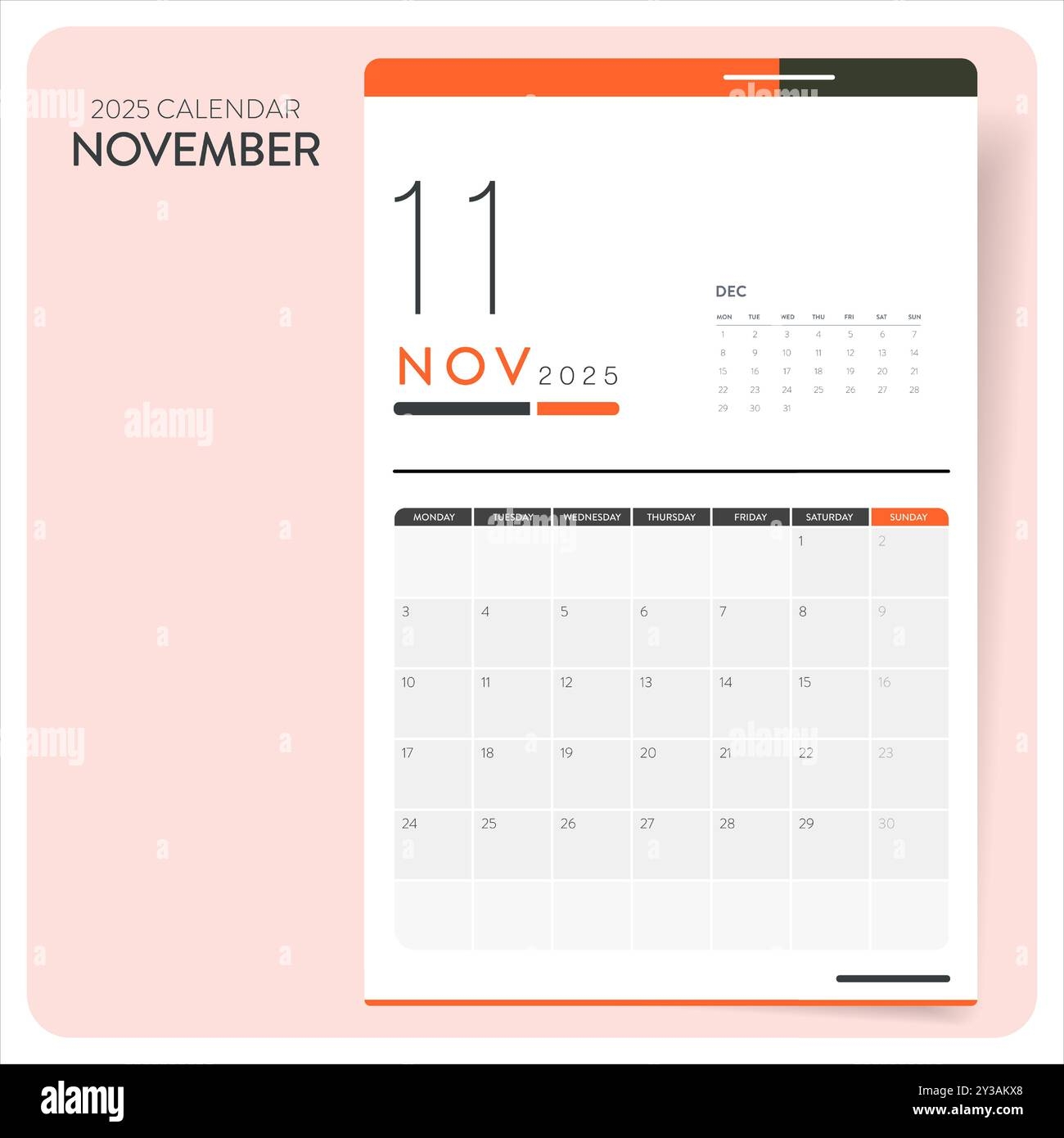 Calendar Monthly November 2025 Template Vector Desk Wall Calendar For Print Digital Calendar Or Planner Week Start On Monday Annual Holiday Calen Stock Vector Image Art Alamy