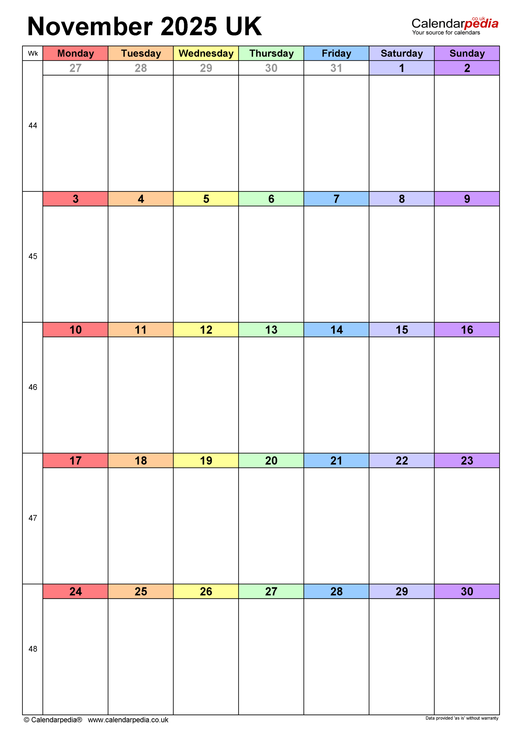 Calendar November 2025 UK With PDF Excel And Word Templates