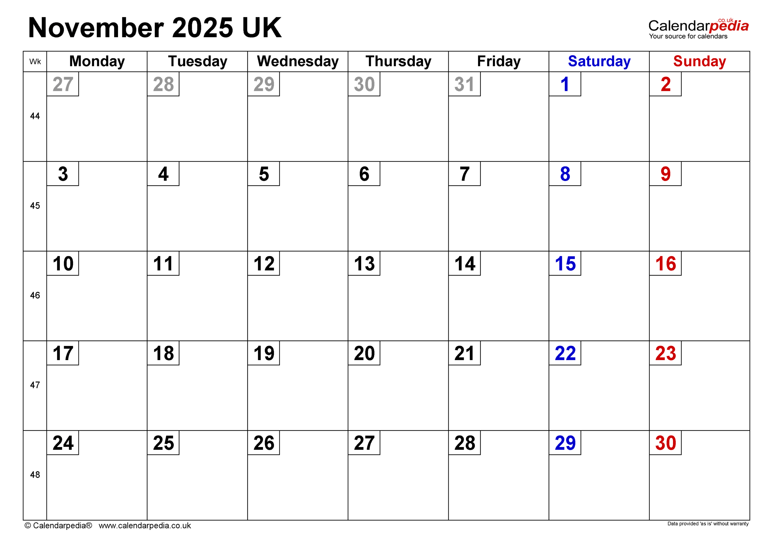Calendar November 2025 UK With PDF Excel And Word Templates