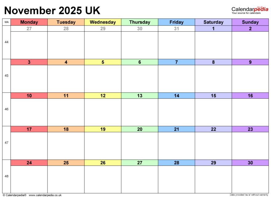 Calendar November 2025 UK With PDF Excel And Word Templates