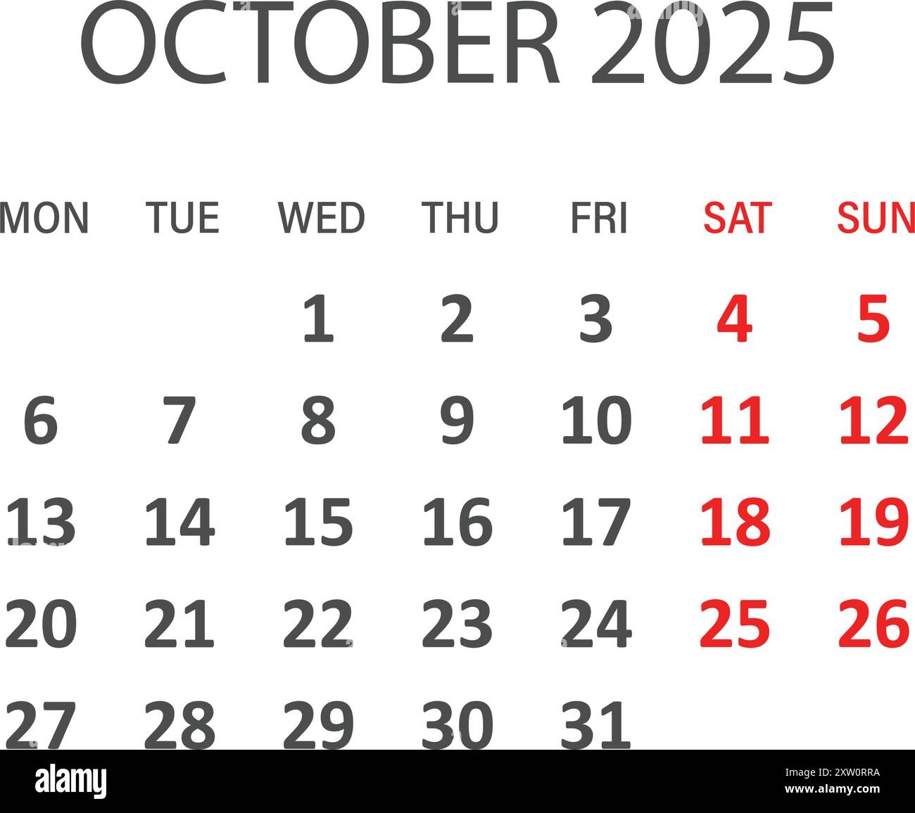 Calendar October 2025 Stock Vector Images Alamy