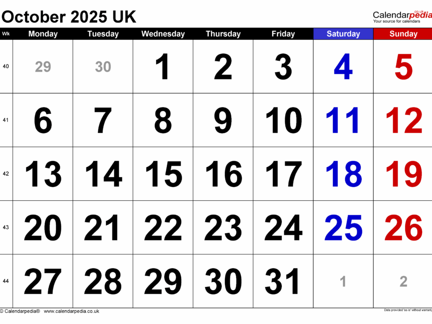 Calendar October 2025 UK With PDF Excel And Word Templates
