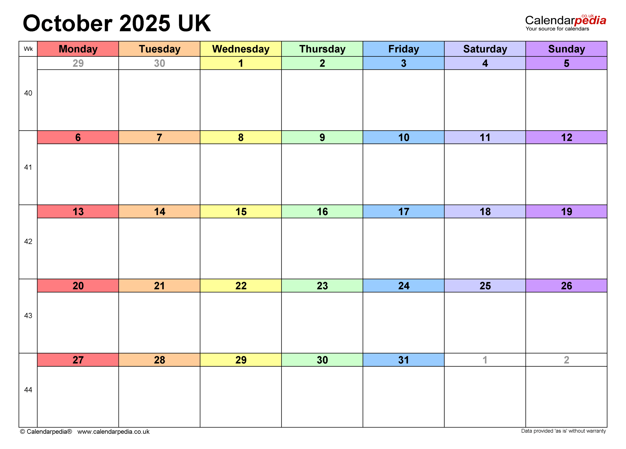 Calendar October 2025 UK With PDF Excel And Word Templates