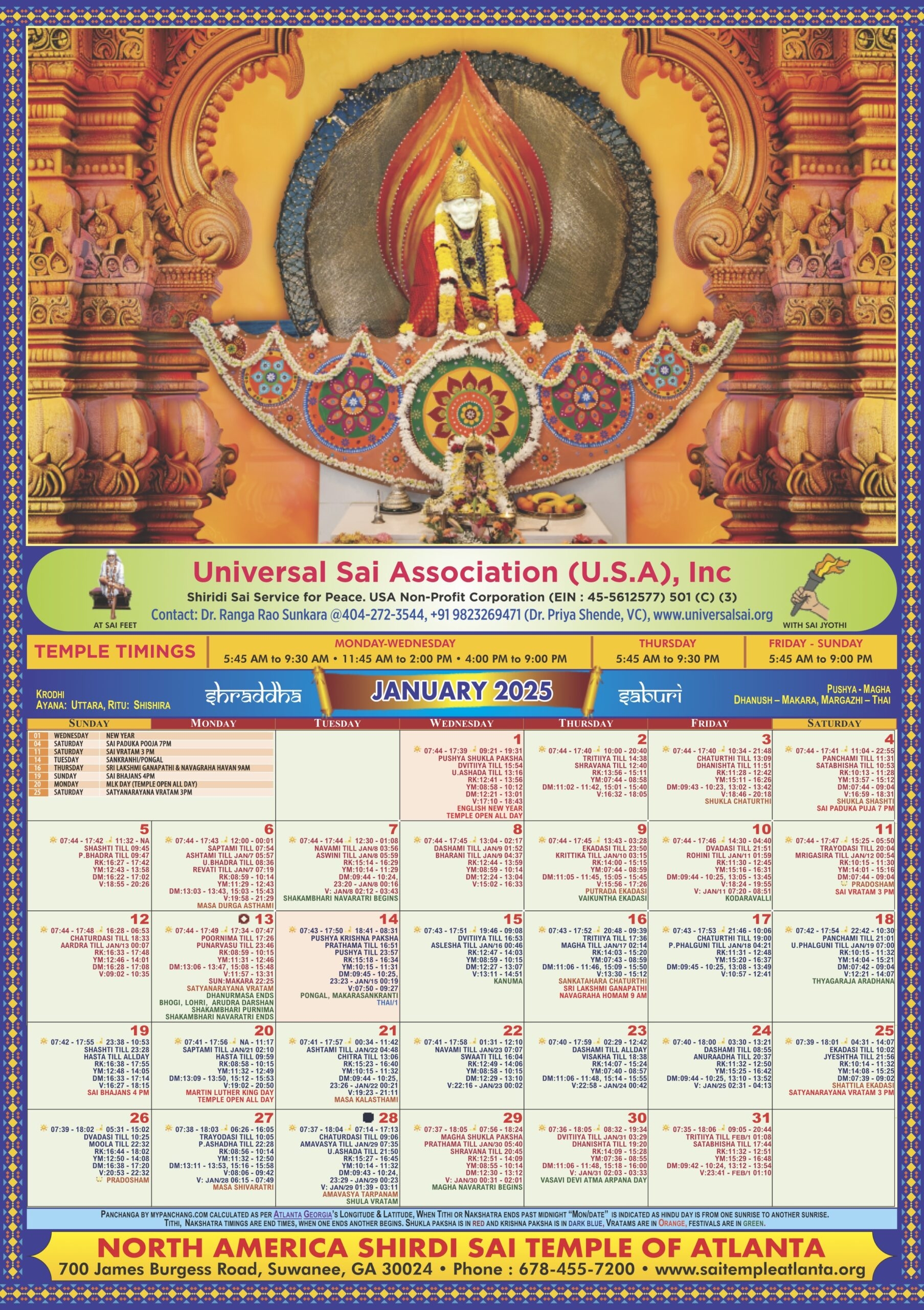 Calendar Panchang Shirdi Sai Temple Of Atlanta