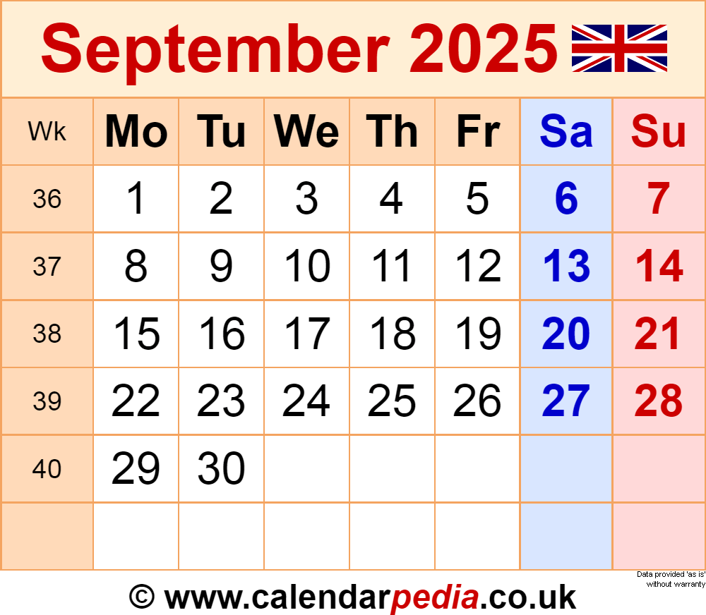 Calendar September 2025 UK With PDF Excel And Word Templates