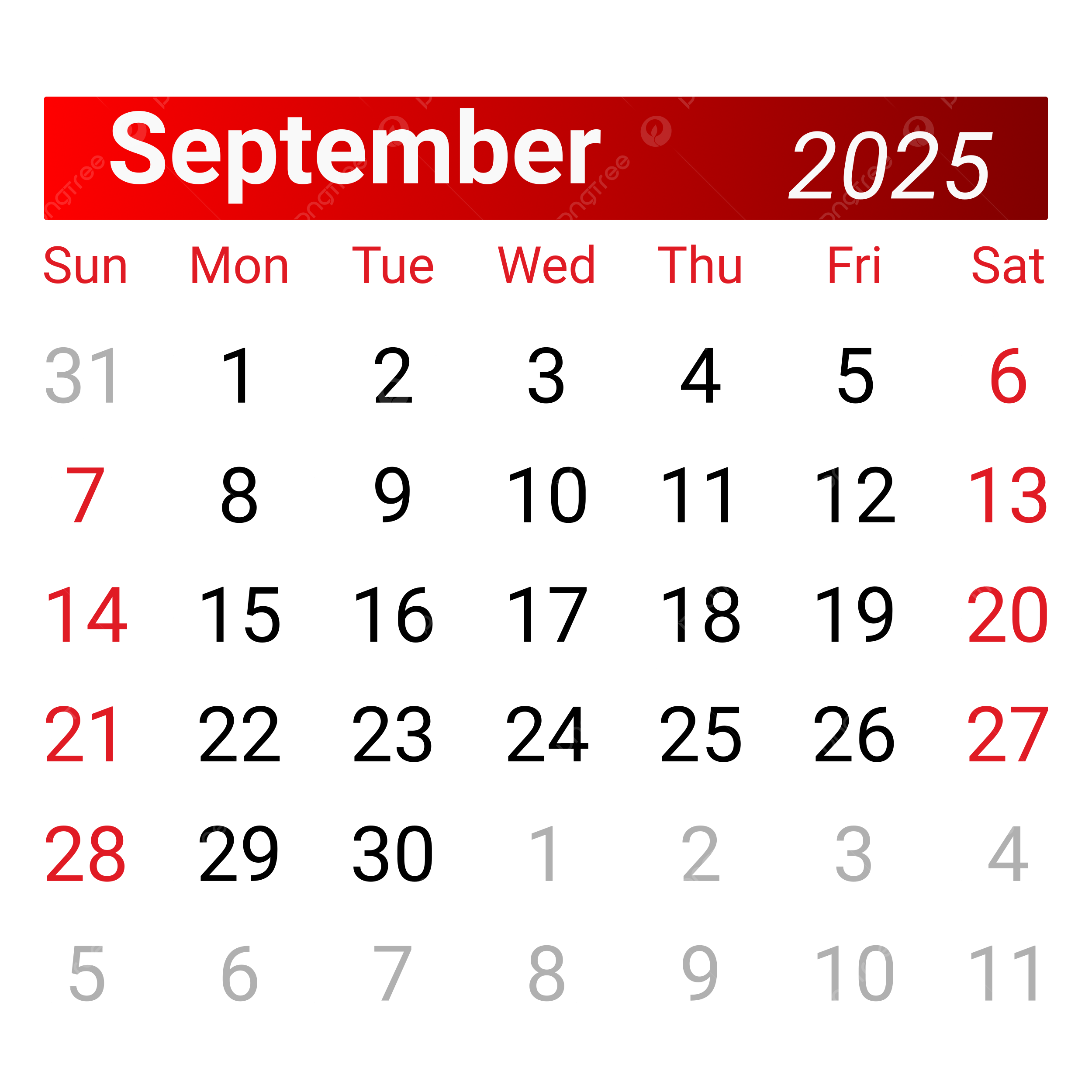 Calendar September 2025 Vector Calendar 2025 Calendar September 2025 September 2025 PNG And Vector With Transparent Background For Free Download