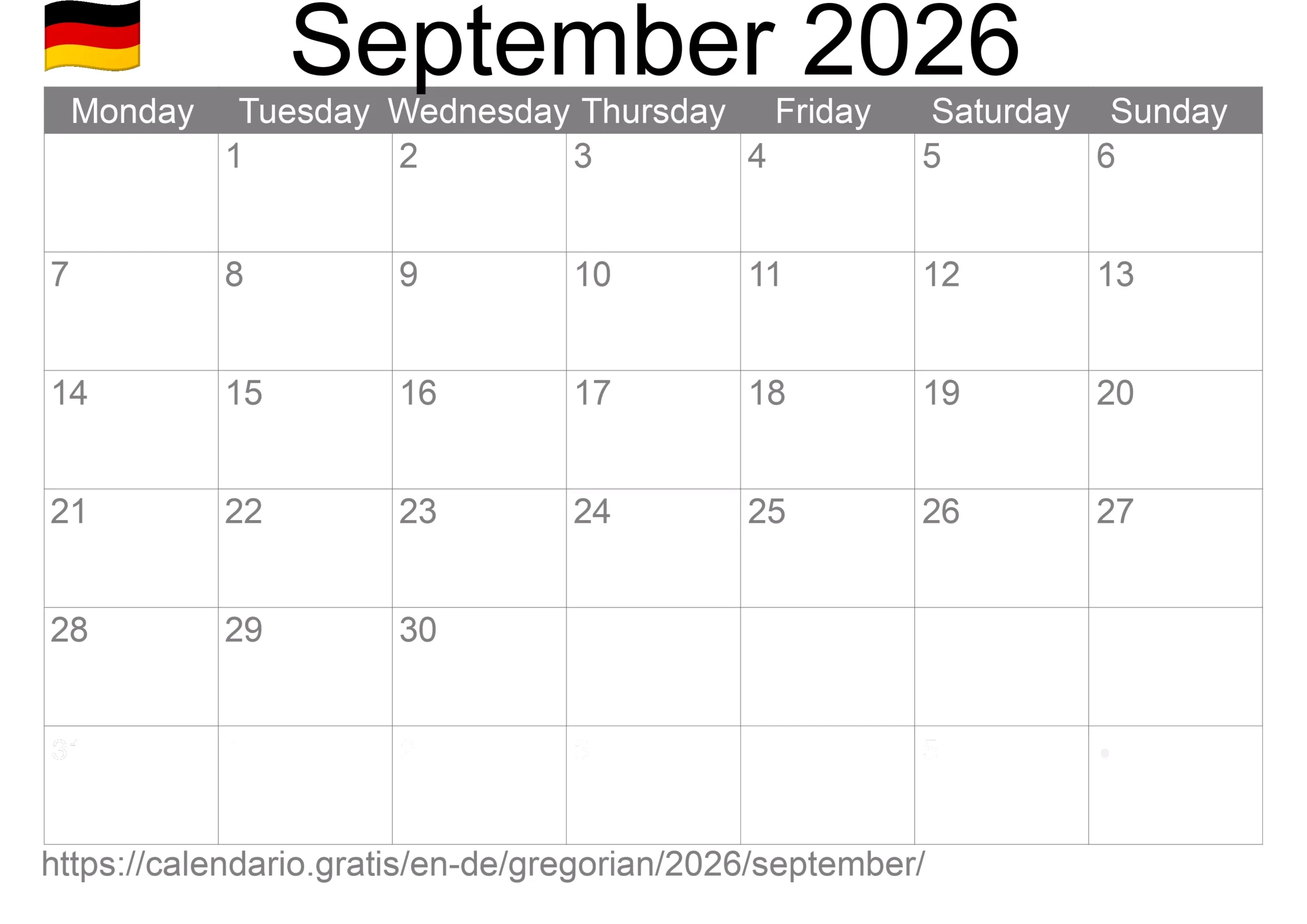 2026 Calendar Gregorian September