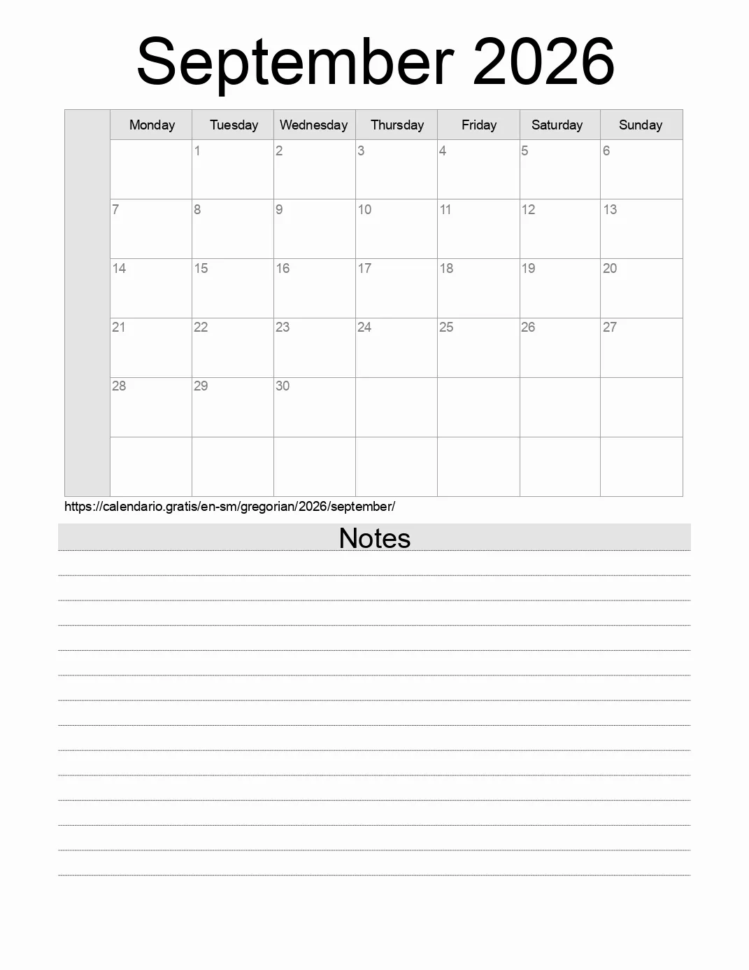 Gregorian Calendar September 2026