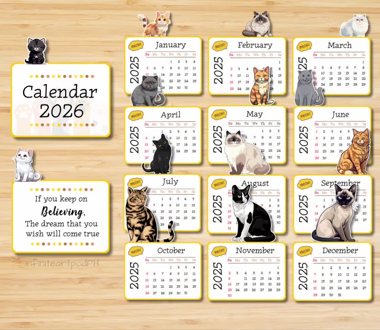 Cat Calendar 2026 DIY Craft PNG Cut File digital Download Etsy