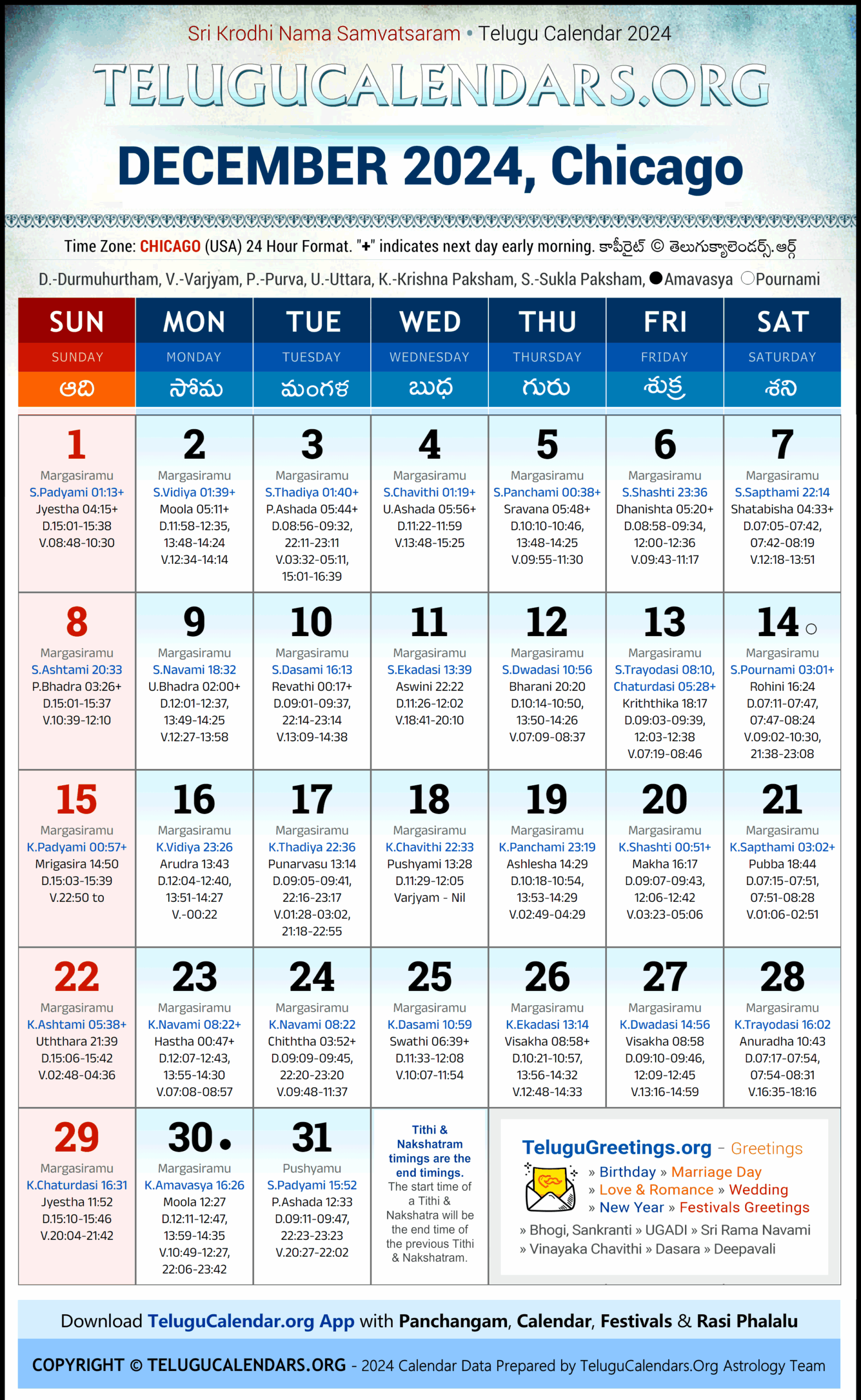 Chicago Telugu Calendar December 2025