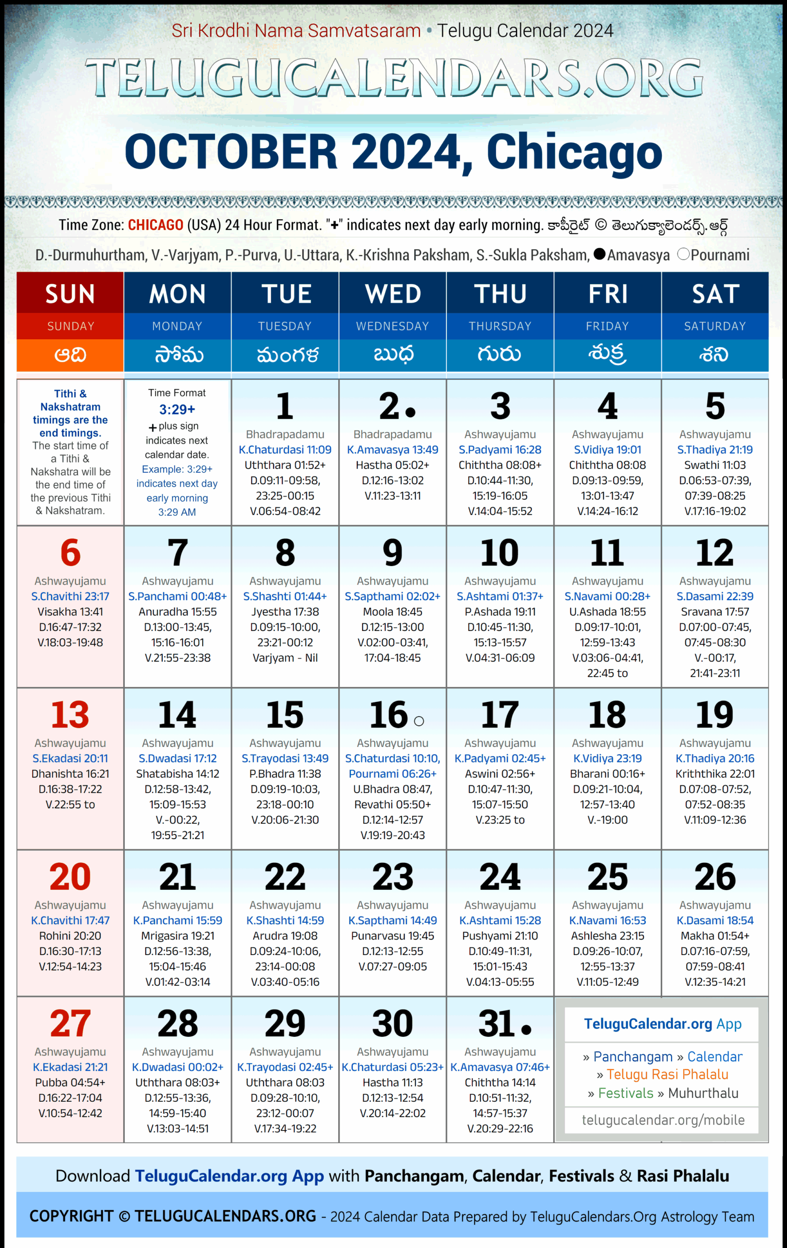 Chicago Telugu Calendar October 2025