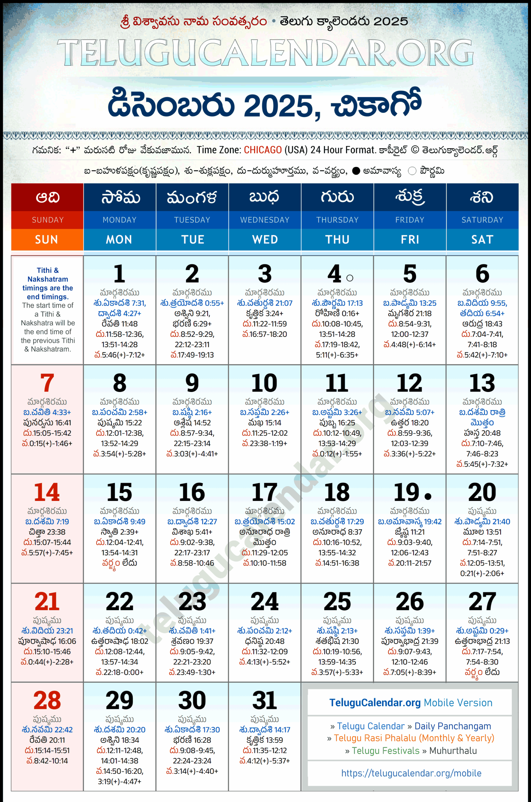 Chicago Telugu Calendar 2025 December PDF Festivals