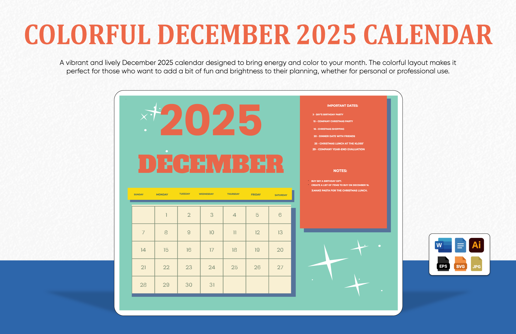 Colorful December 2025 Calendar In Word Google Docs EPS Illustrator JPG SVG To Download Template
