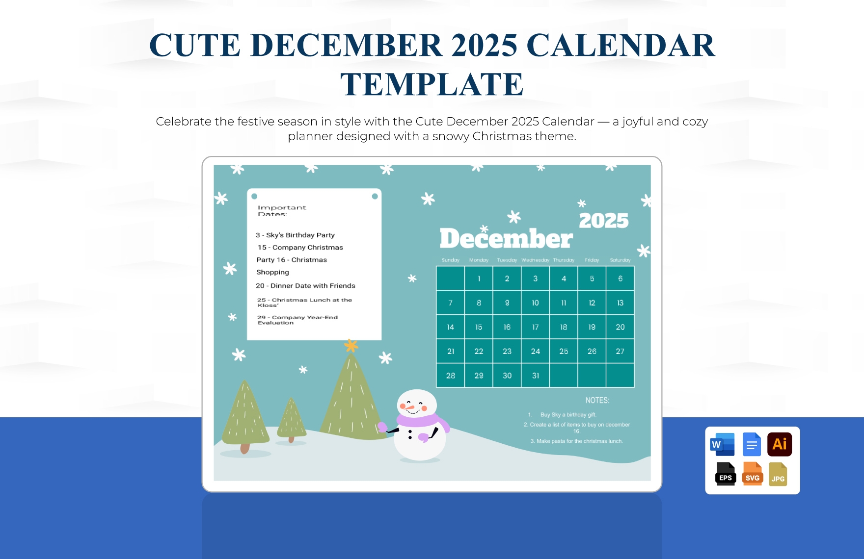 Cute December 2025 Calendar In EPS Illustrator JPG Word SVG Google Docs To Download Template