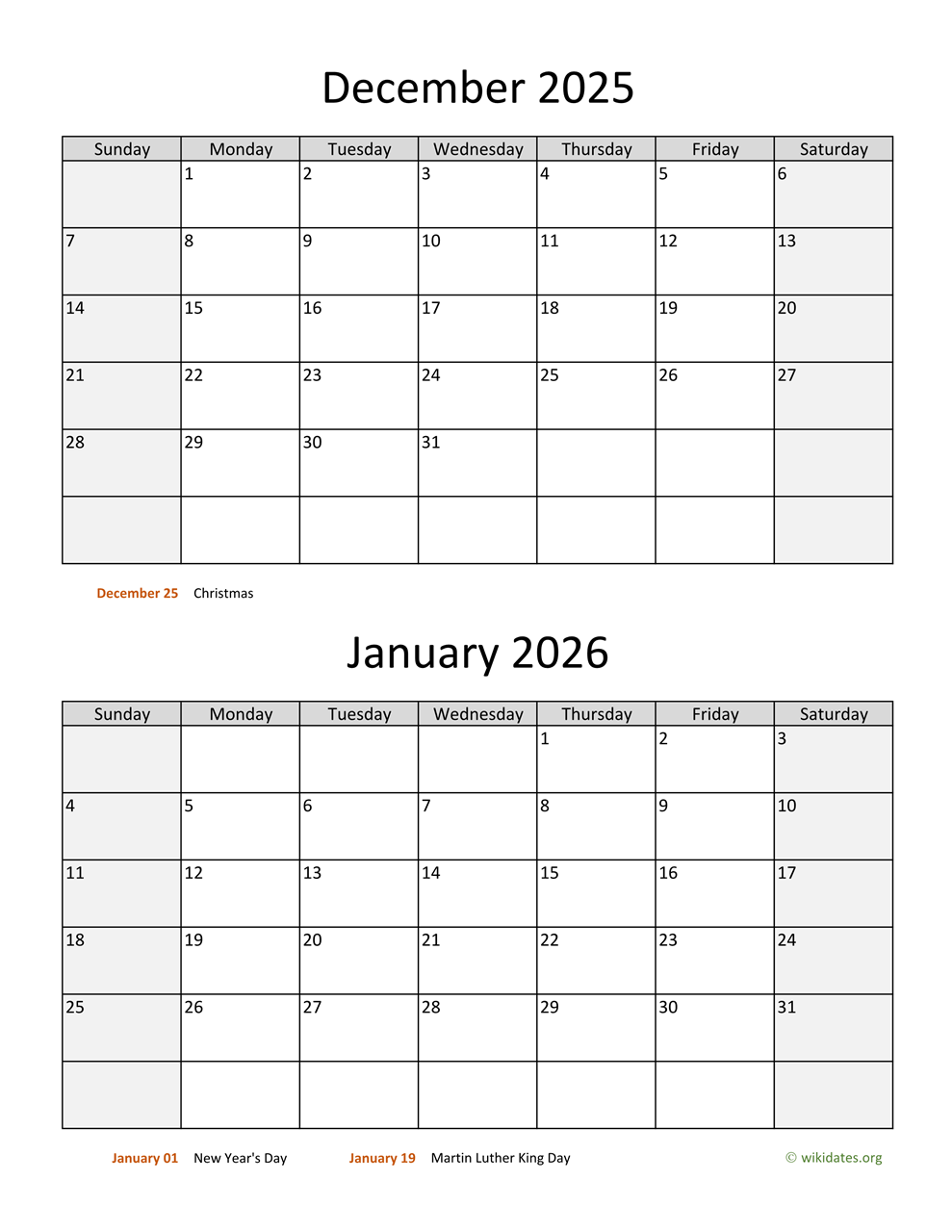 December 2025 January 2025 Calendar