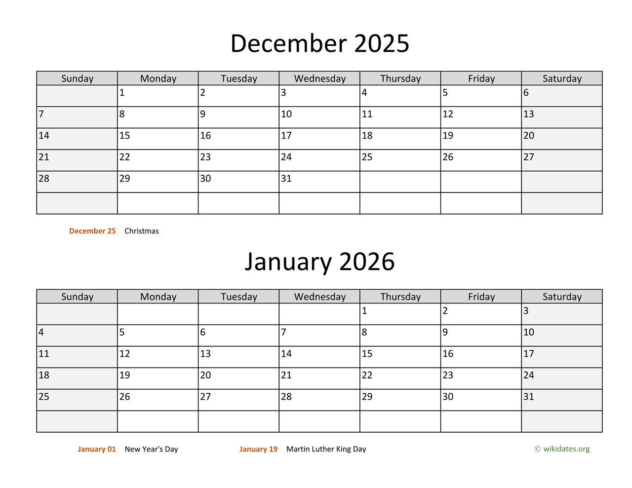 2 Month Calendar November 2025-December 2025