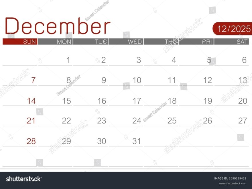 December 2025 Blank Calendar Page Isolated Stock Illustration 2599219421 Shutterstock