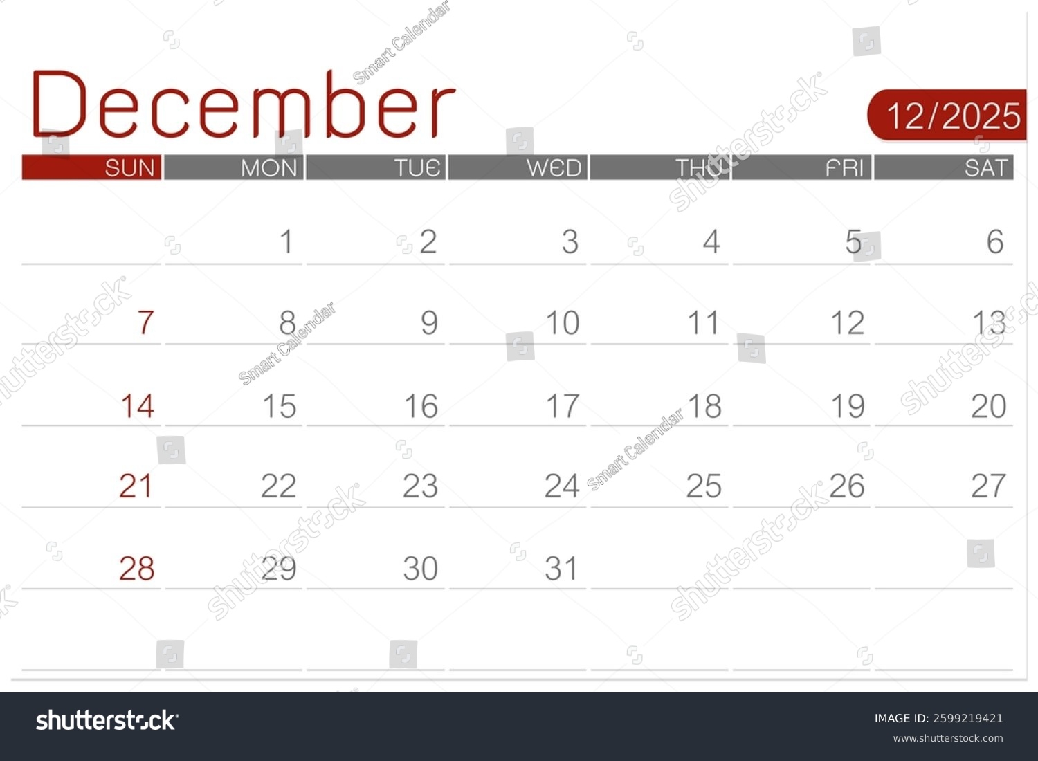 December 2025 Blank Calendar Page Isolated Stock Illustration 2599219421 Shutterstock