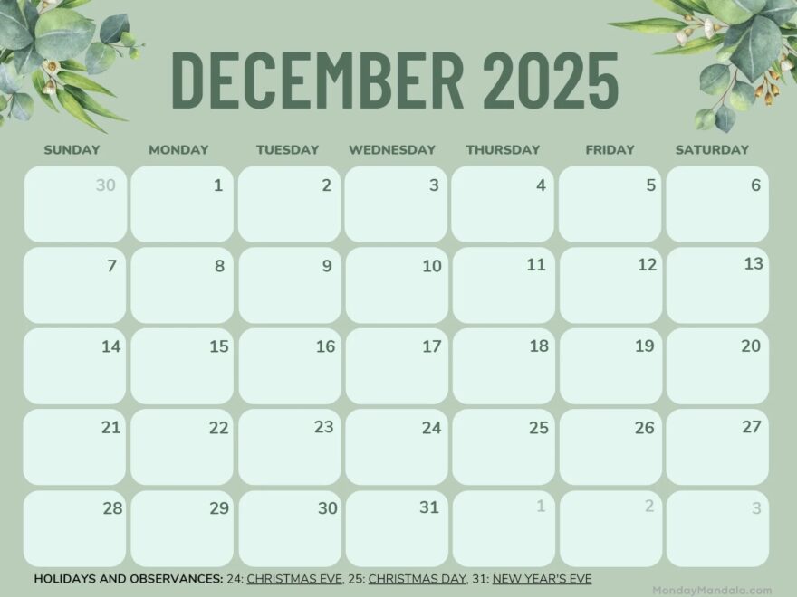 December 2025 Calendar 52 Free PDF Printables