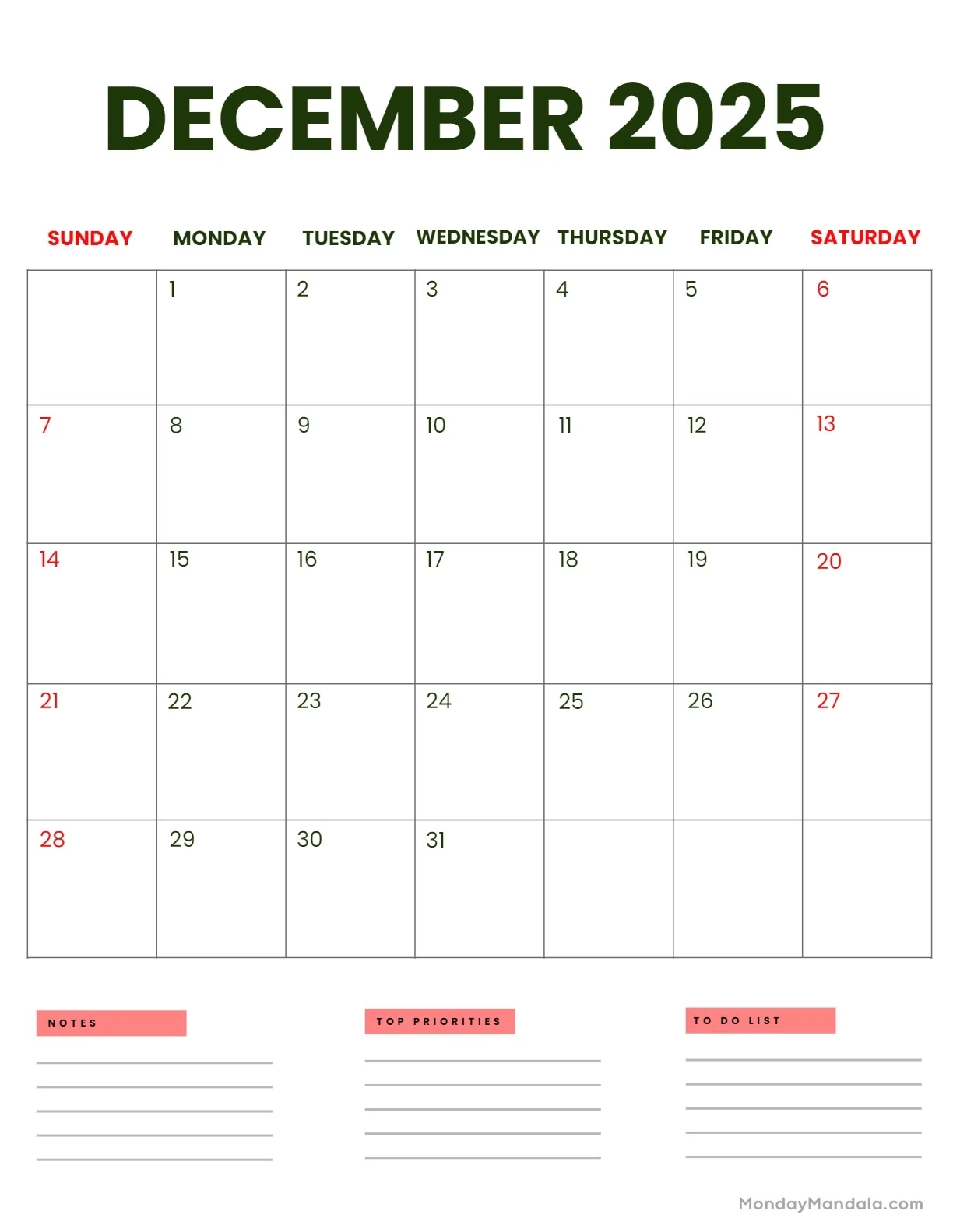 Blank December 2025 Calendar Printable