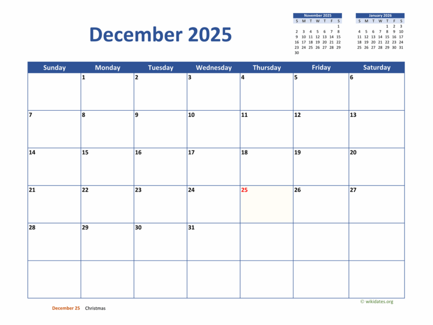 December 2025 Calendar Classic WikiDates