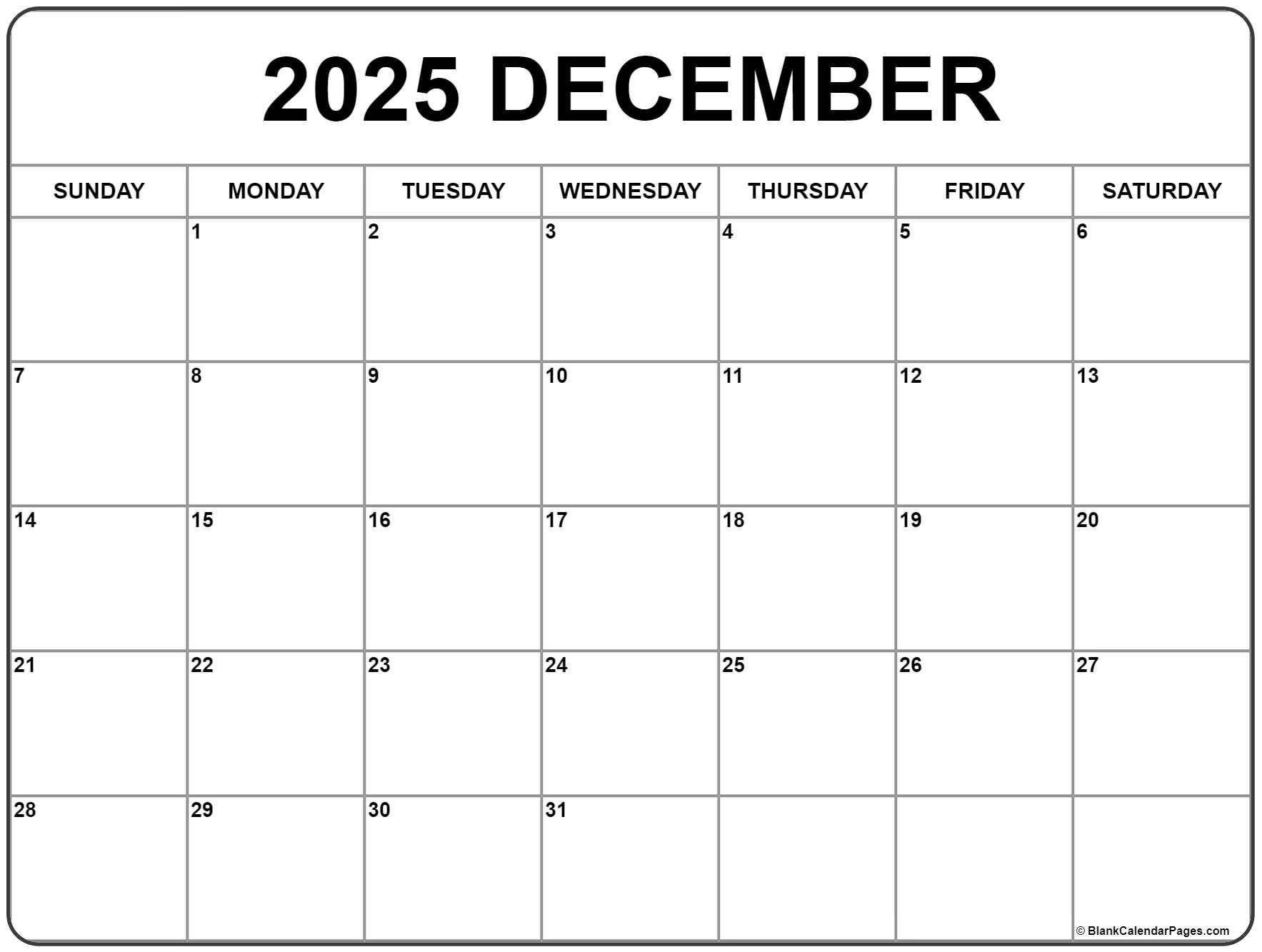 Calendar December 2025 Printable Free