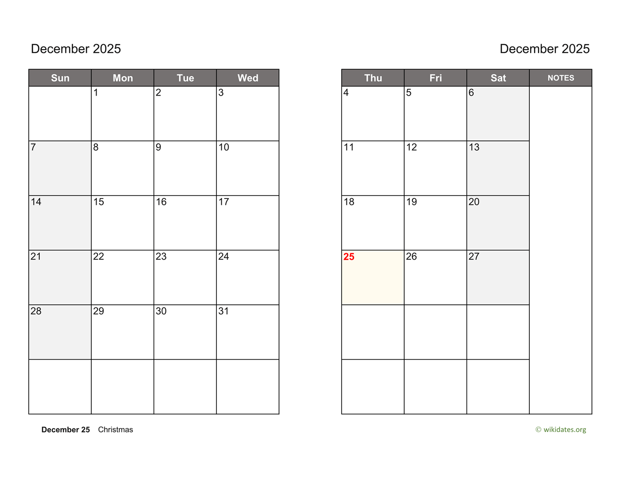 Printable December 2025 Calendar Page