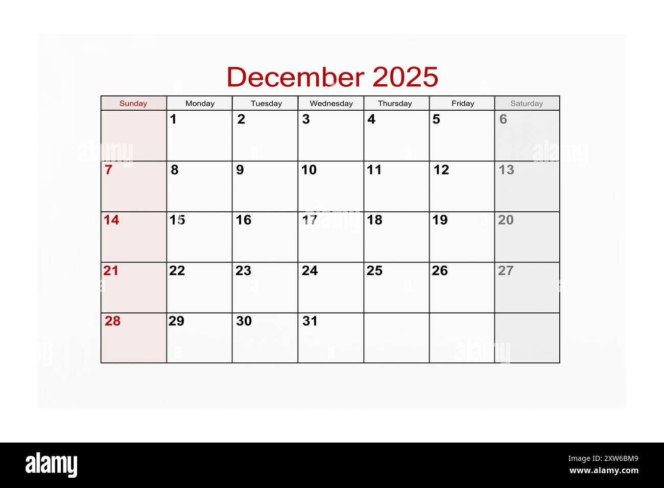 December 2025 Calendar Page For 2025 Year Isolated On White Background Stock Photo Alamy