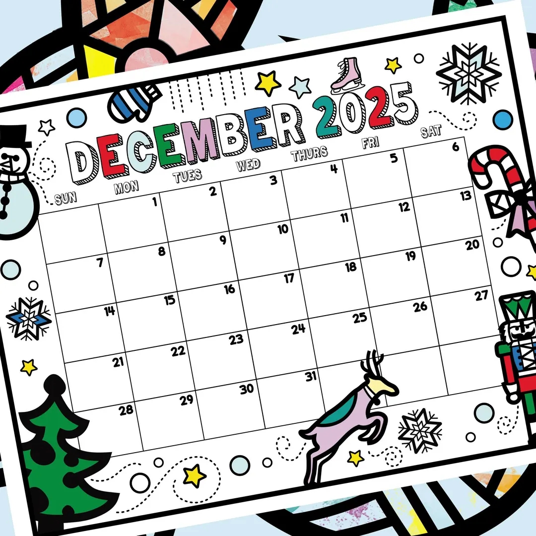 December 2025 Calendar Printable Coloring Kids Calendar Preschool Classroom Monthly Worksheet Christmas Break Printable Kindergarten Etsy Australia