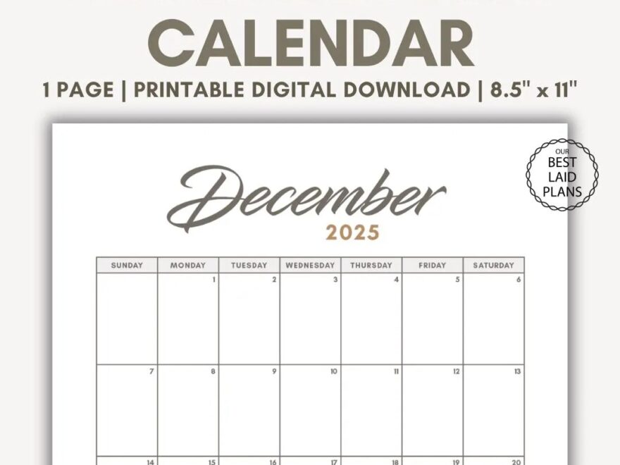 December 2025 Calendar Printable Download December 2025 Printable PDF December Cal 2025 Portrait Blank Minimalist Calendar Dec Month 2025 Etsy