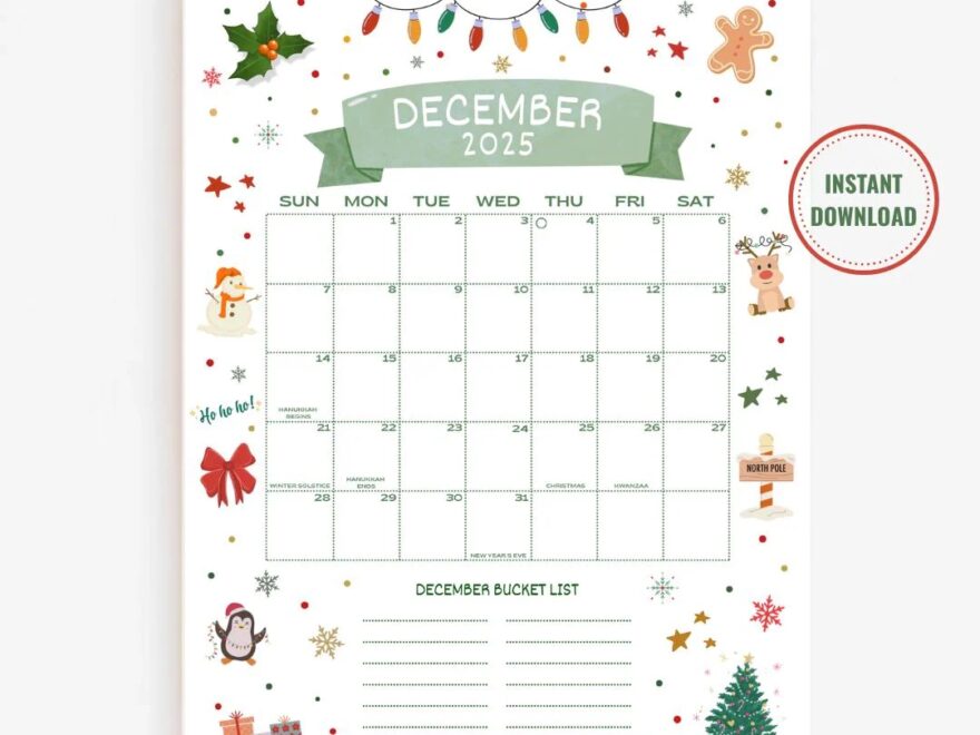 December 2025 Calendar Printable PDF December 2025 Calendar Page December 2025 Xmas December 2025 Cute Calendar Dec Cal Digital Download Etsy
