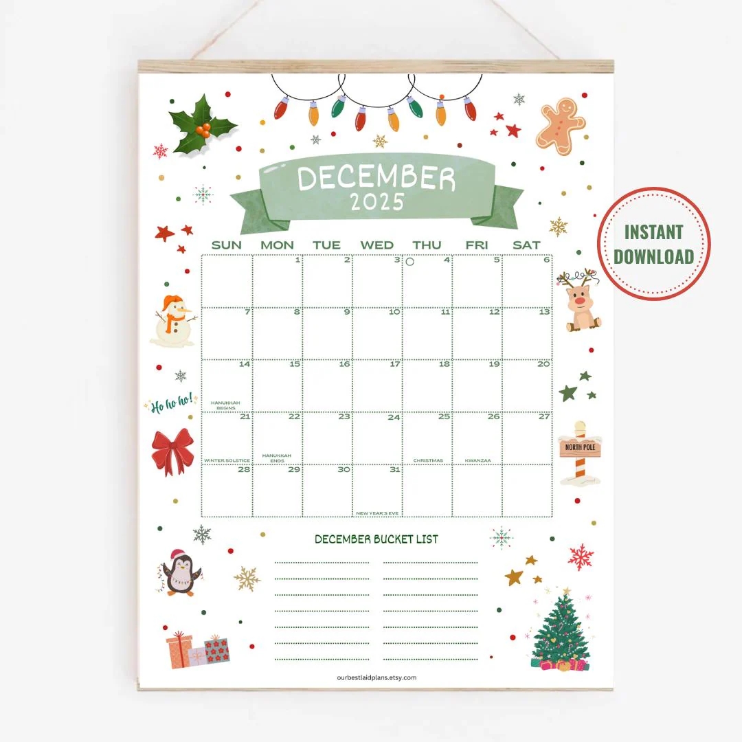 December 2025 Calendar Printable PDF December 2025 Calendar Page December 2025 Xmas December 2025 Cute Calendar Dec Cal Digital Download Etsy
