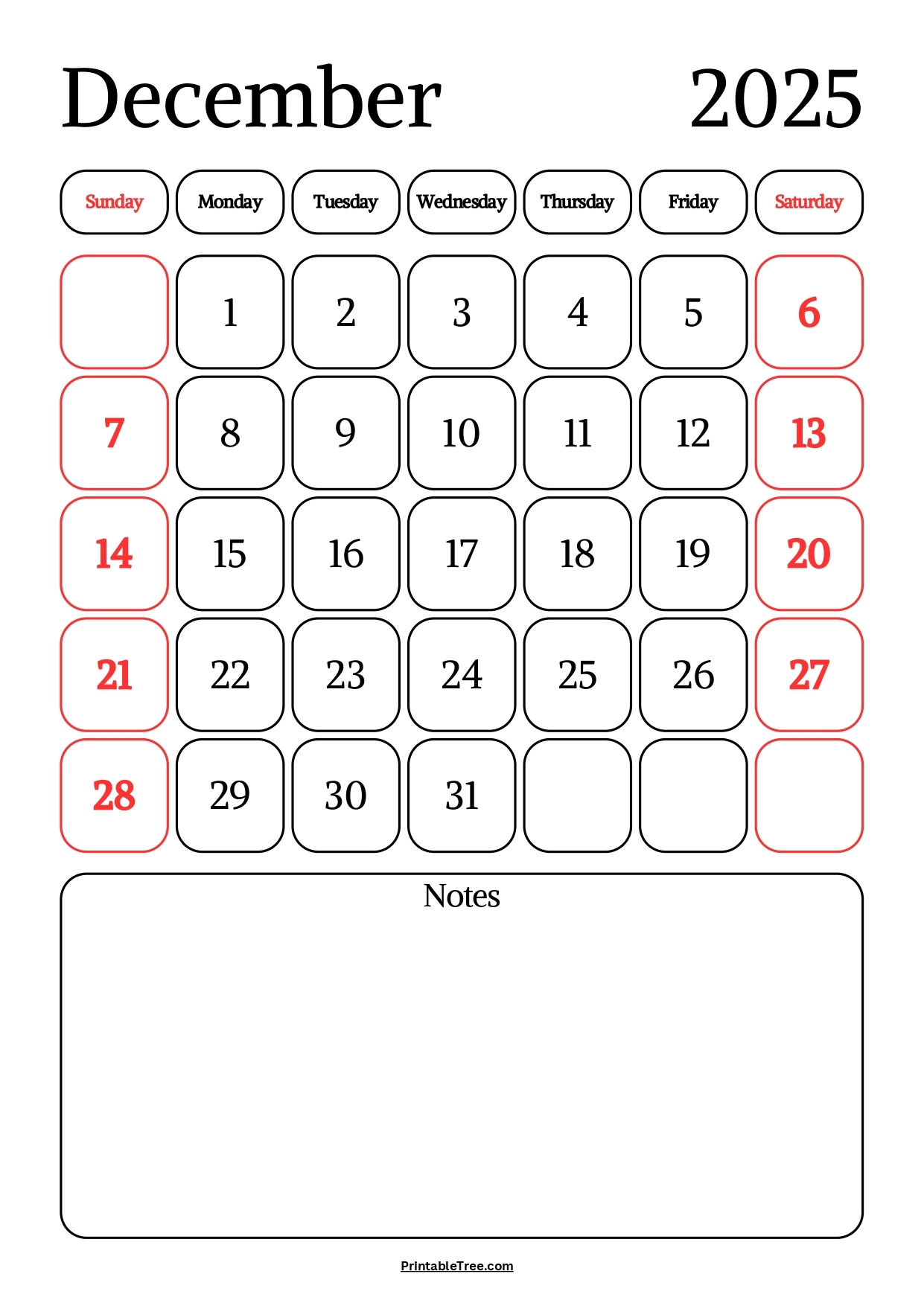 December 2025 Calendar Printable PDF Template With Holidays
