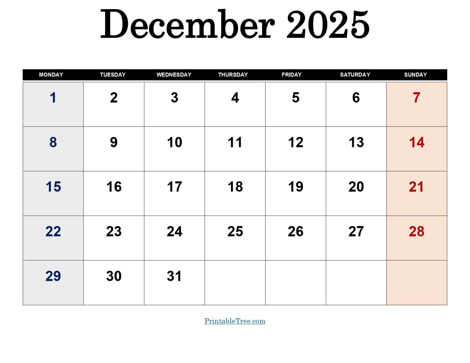 December 2025 Calendar Printable PDF Template With Holidays