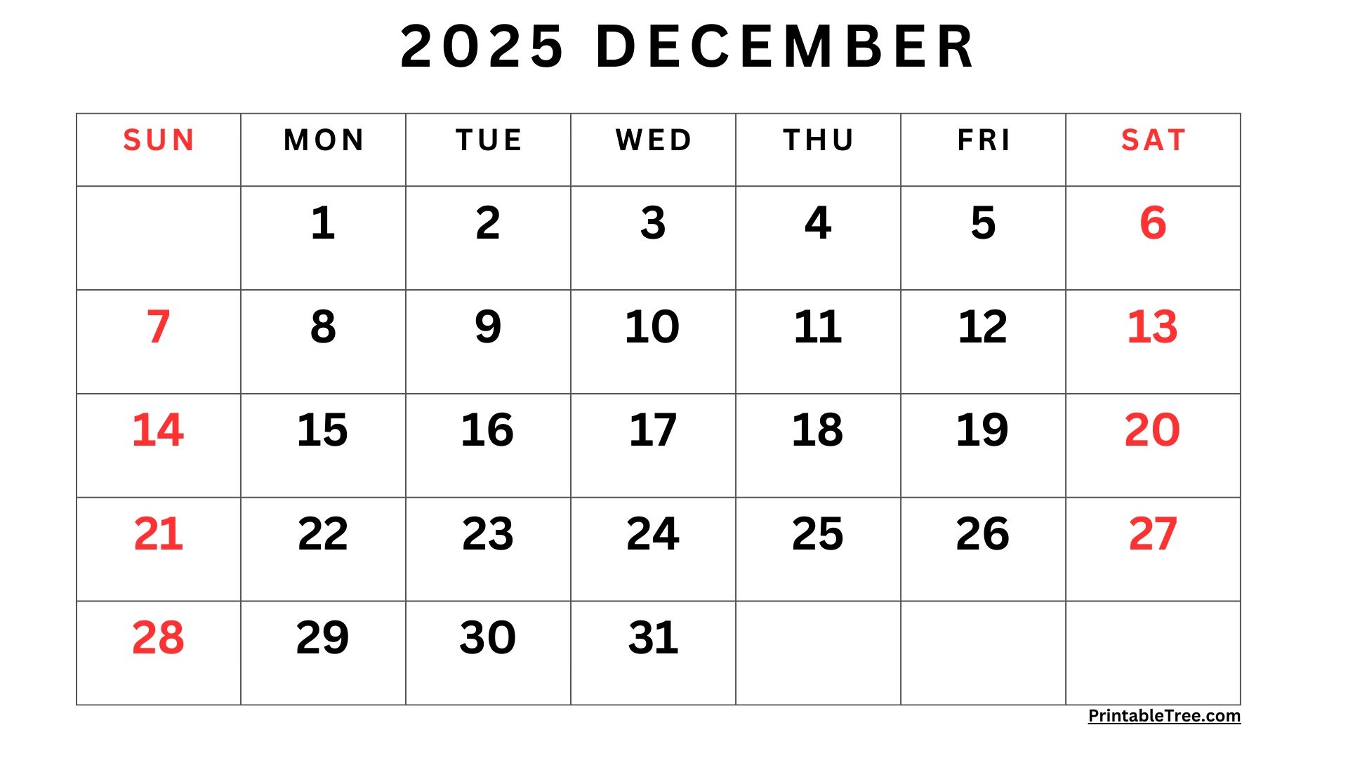 December 2025 Calendar Printable PDF Template With Holidays