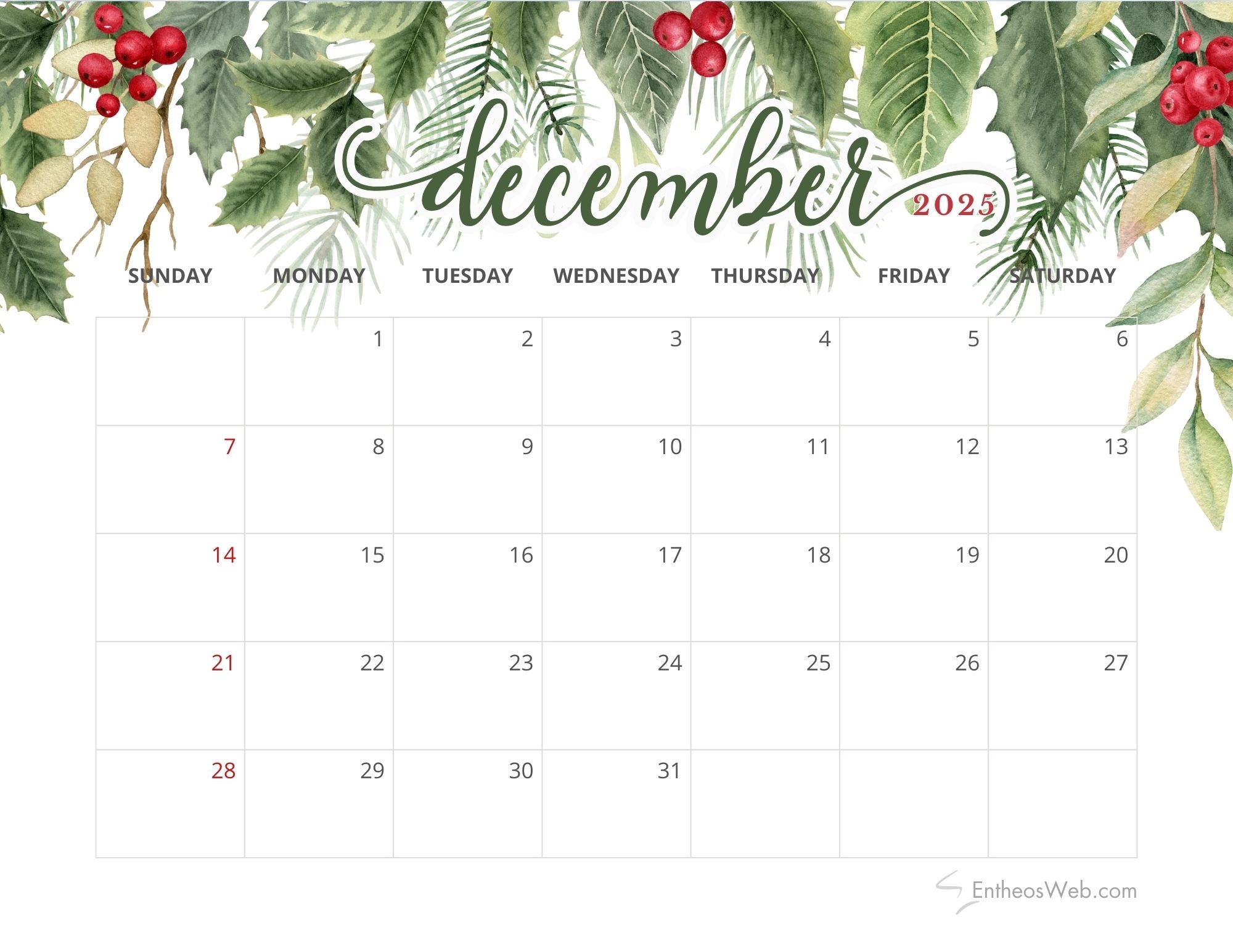 December 2025 Calendar Printables EntheosWeb