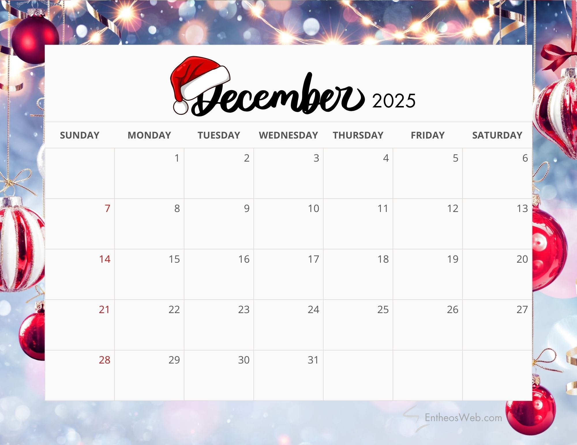 Printable Calendar 2025 December