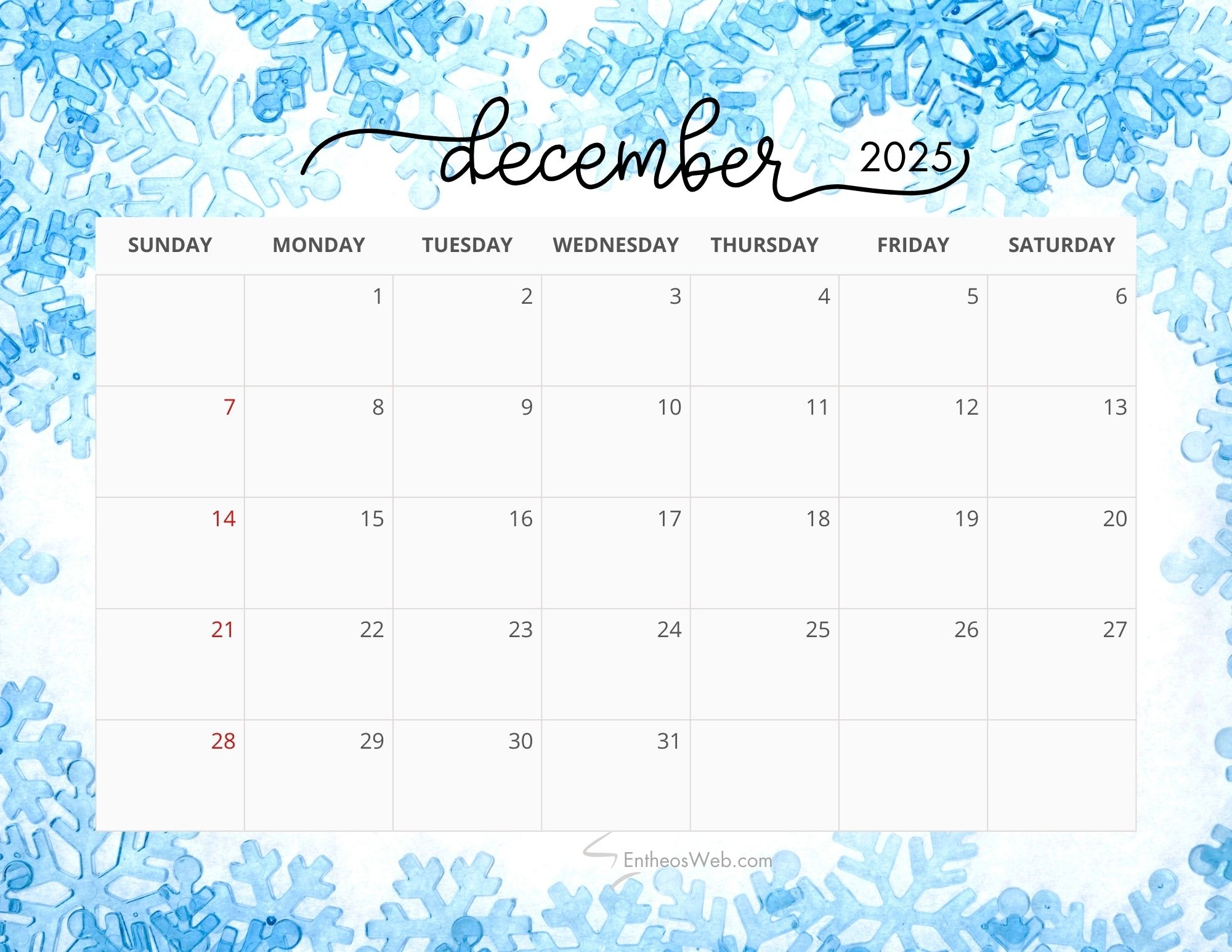 December 2025 Calendar Printables EntheosWeb