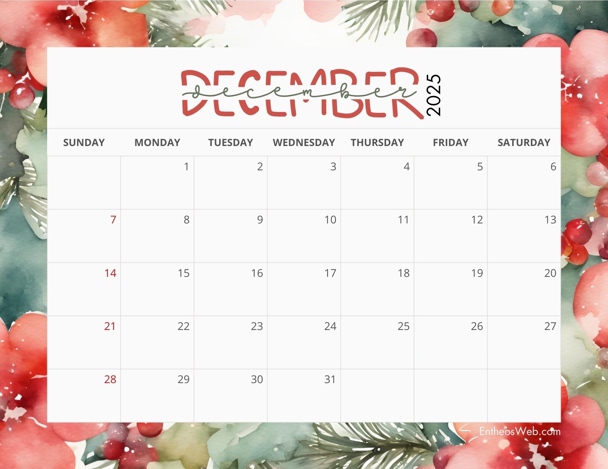 December 2025 Calendar Printable Free