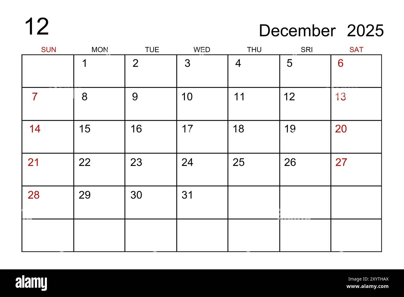 December 2025 Calendar Template On White Paper Background Stock Photo Alamy