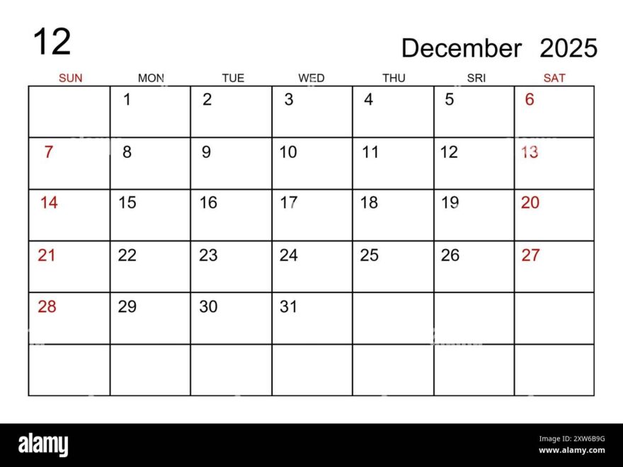 December 2025 Calendar Template On White Paper Background Stock Photo Alamy