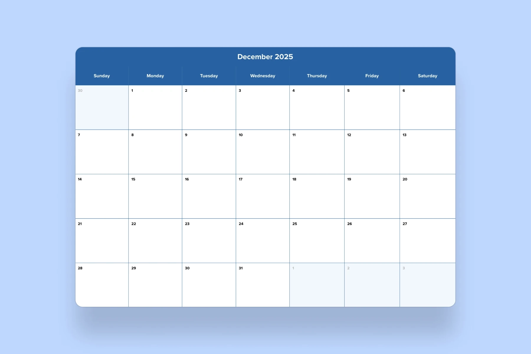 Calendar For December 2025