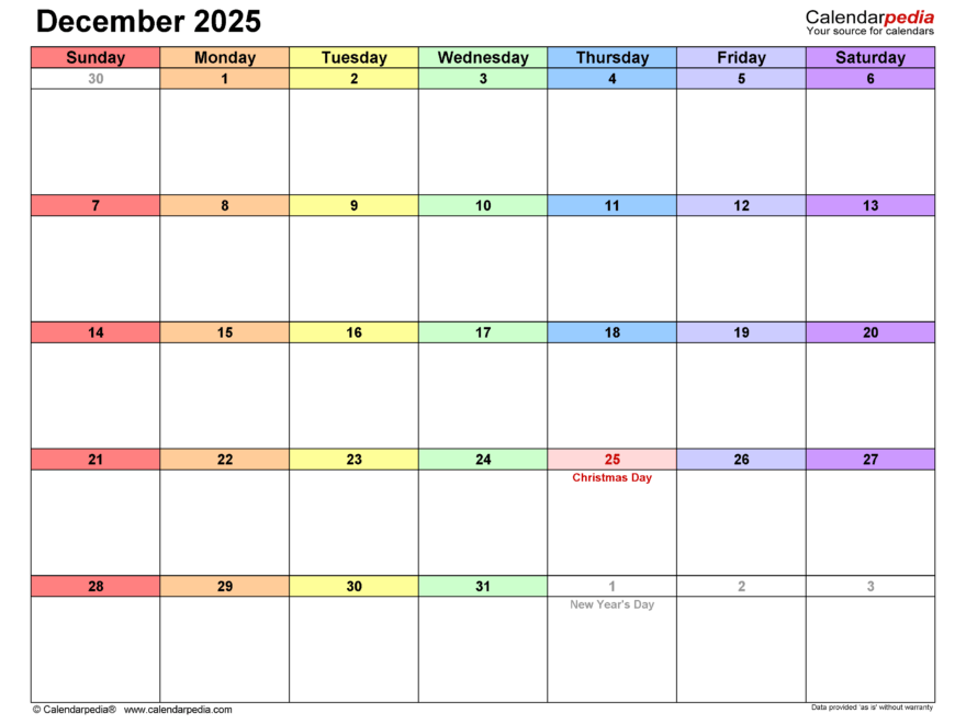 December 2025 Calendar Templates For PDF Excel And Word