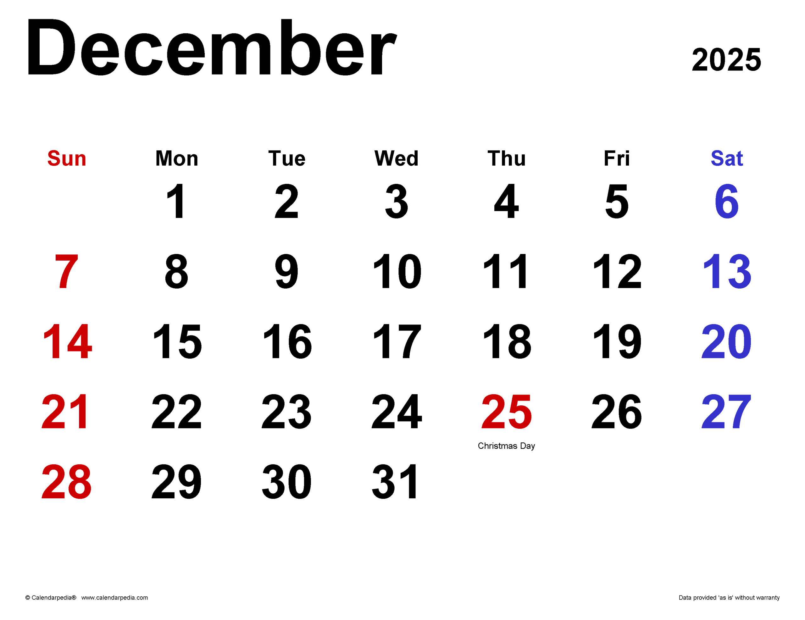 Editable December 2025 Calendar