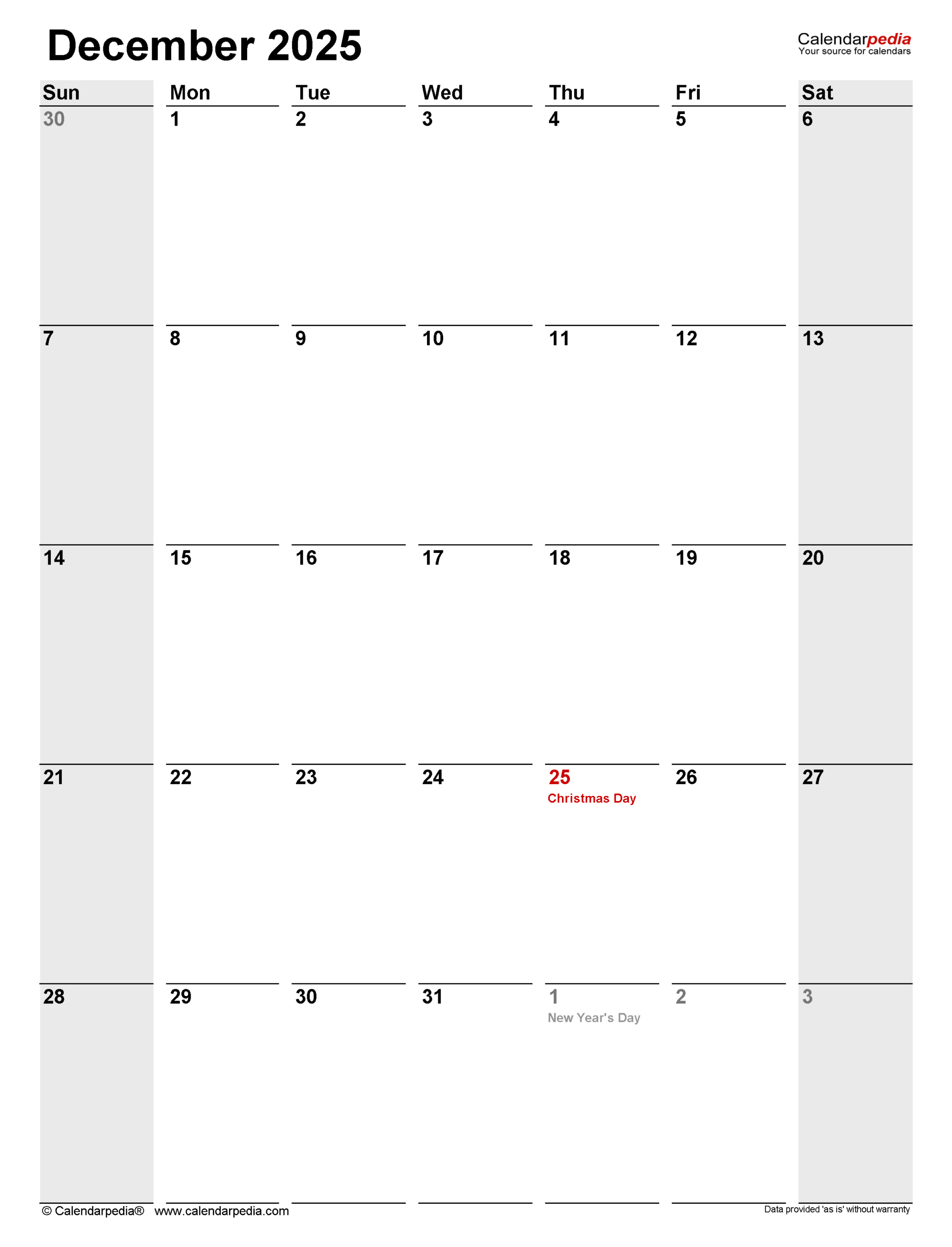 December 2025 Calendar Templates For PDF Excel And Word