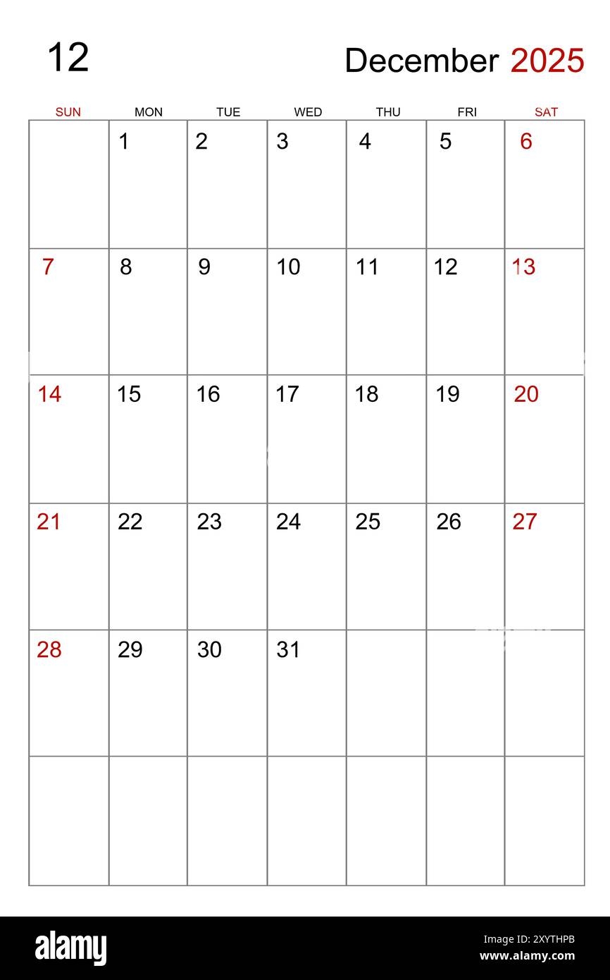 December 2025 Calendar Vertical Template On White Background Stock Photo Alamy