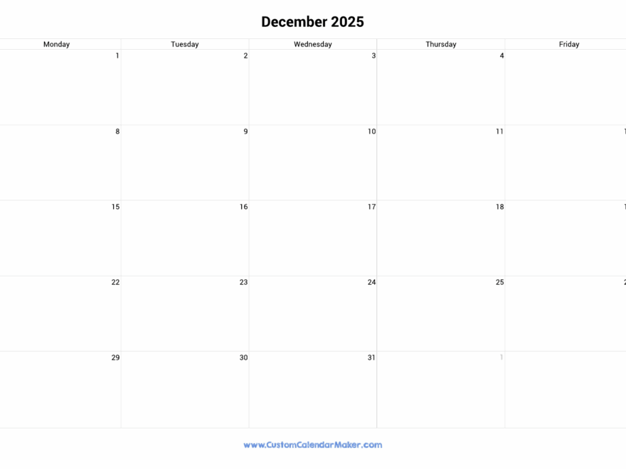 December 2025 Calendar Weekdays Only Monday To Friday Custom Calendar Maker