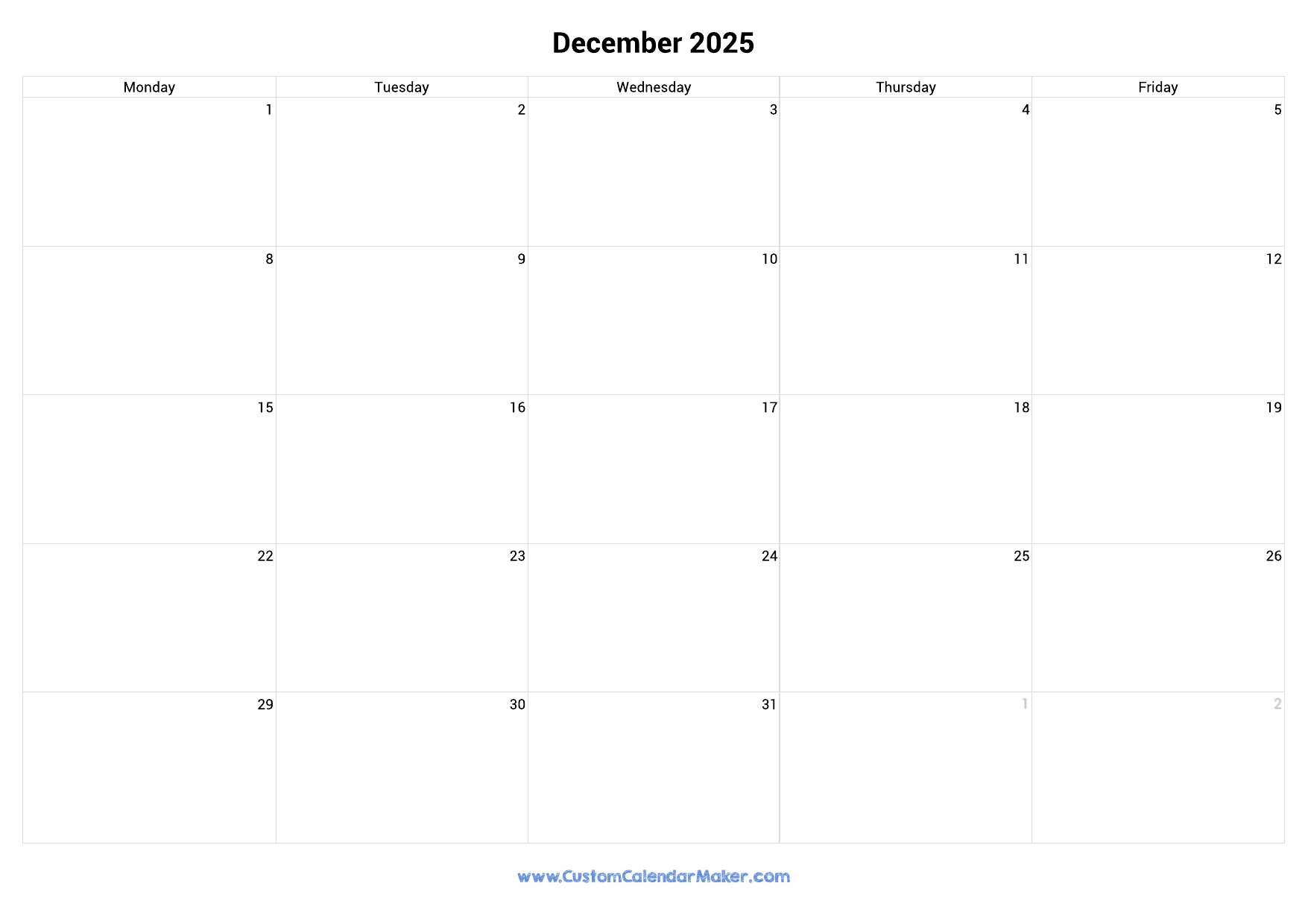 December 2025 Calendar Weekdays Only Monday To Friday Custom Calendar Maker