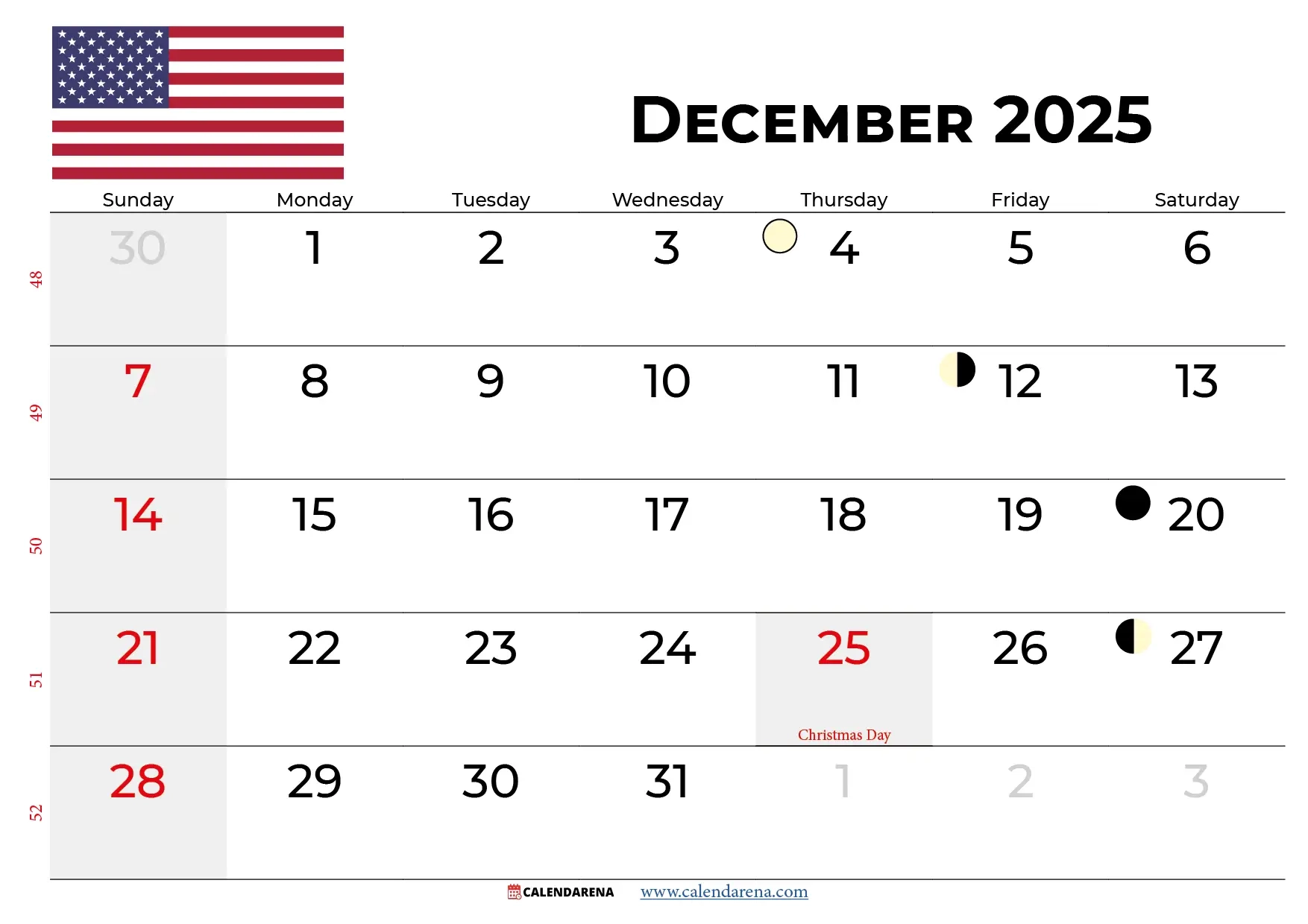 December 2025 Calendar With Holidays Usa